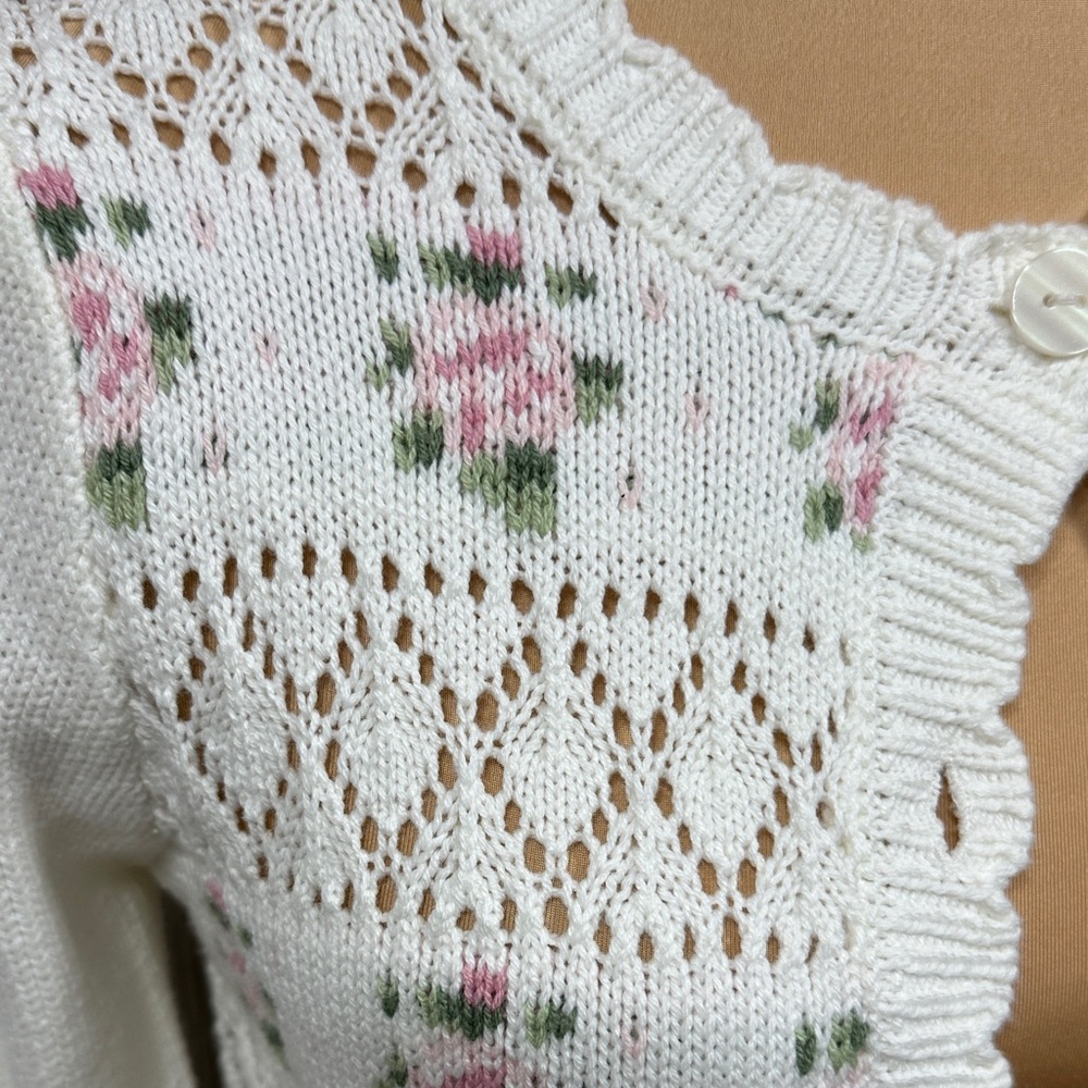 Freshman White Cropped Cardigan with Pink Floral Embroidery - Picture 2 of 9